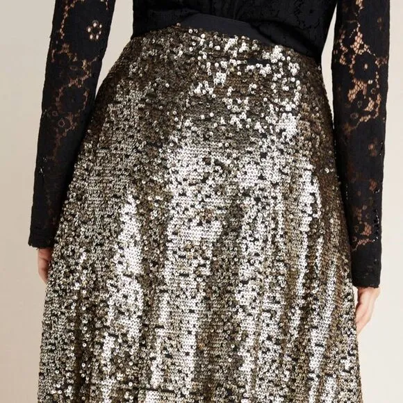 Anthropologie Sequined Metallic Silver Midi Swing Skirt Size Extra Small NWT