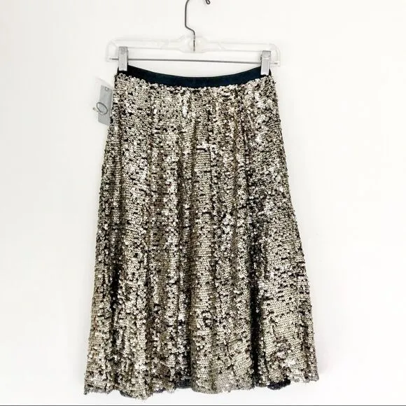Anthropologie Sequined Metallic Silver Midi Swing Skirt Size Extra Small NWT