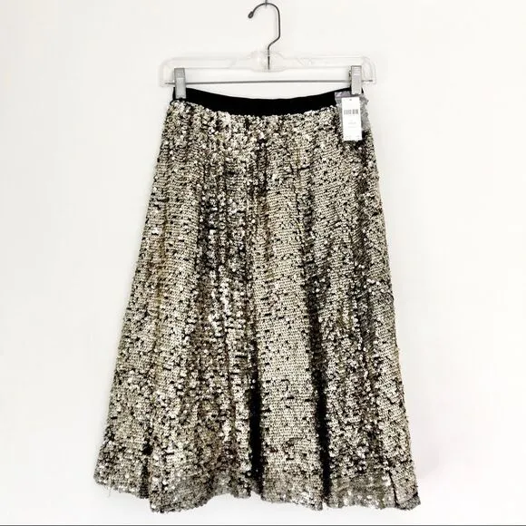Anthropologie Sequined Metallic Silver Midi Swing Skirt Size Extra Small NWT