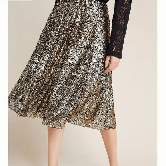 Anthropologie Sequined Metallic Silver Midi Swing Skirt Size Extra Small NWT