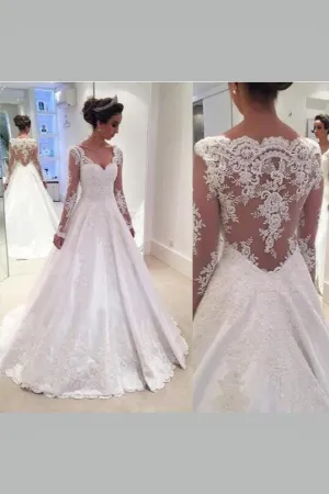 Appliqued Lace Long Sleeves Wedding Dress Satin Skirt