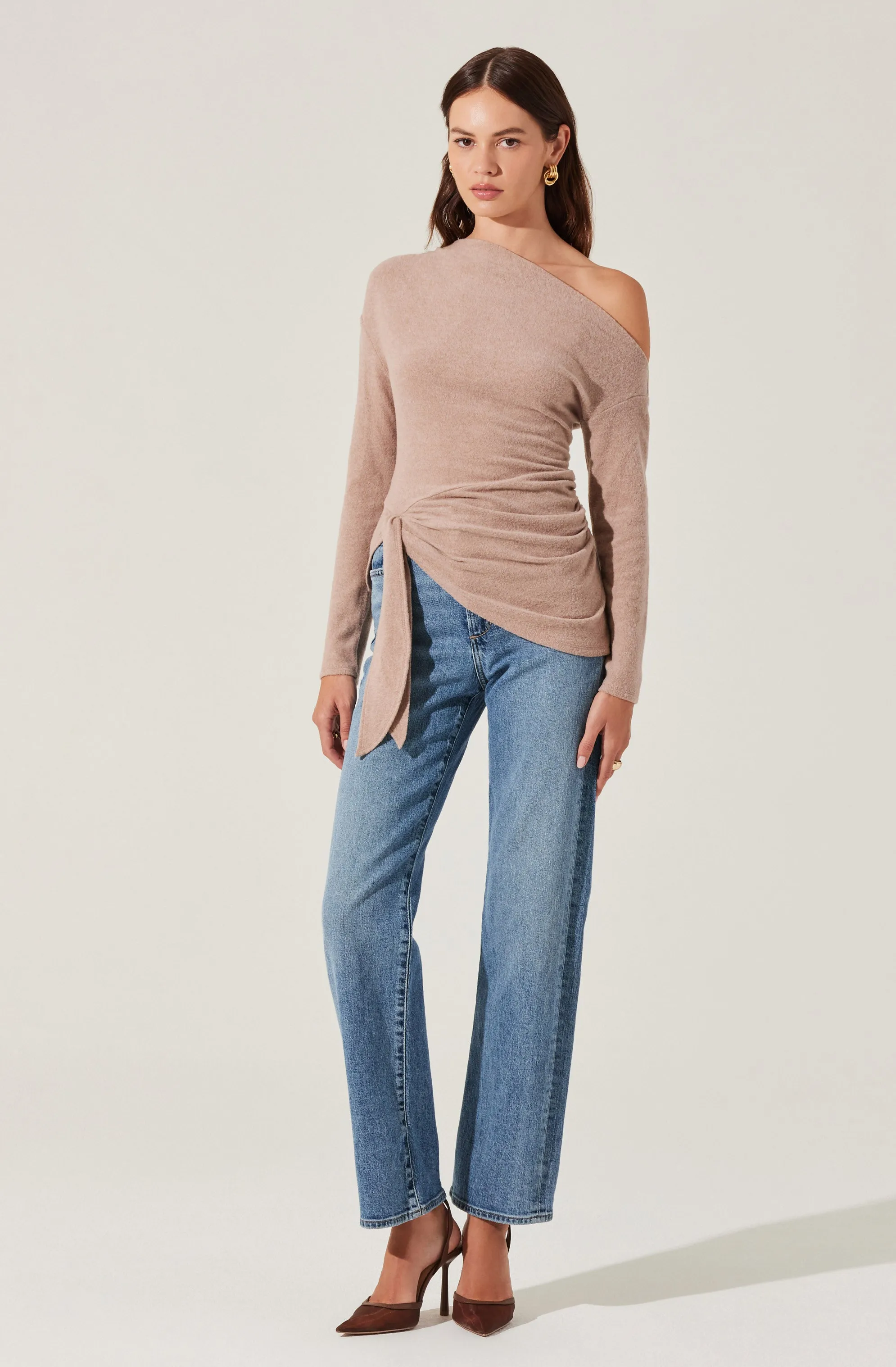 Asymmetrical Off Shoulder Tie Knit Top