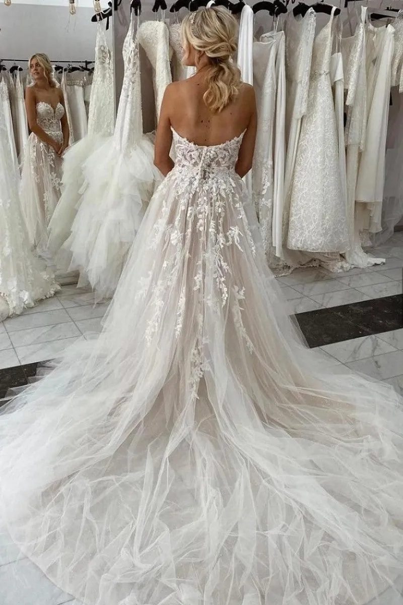 Backless Appliques Wedding Dresses with Split Side