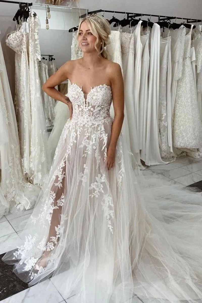 Backless Appliques Wedding Dresses with Split Side