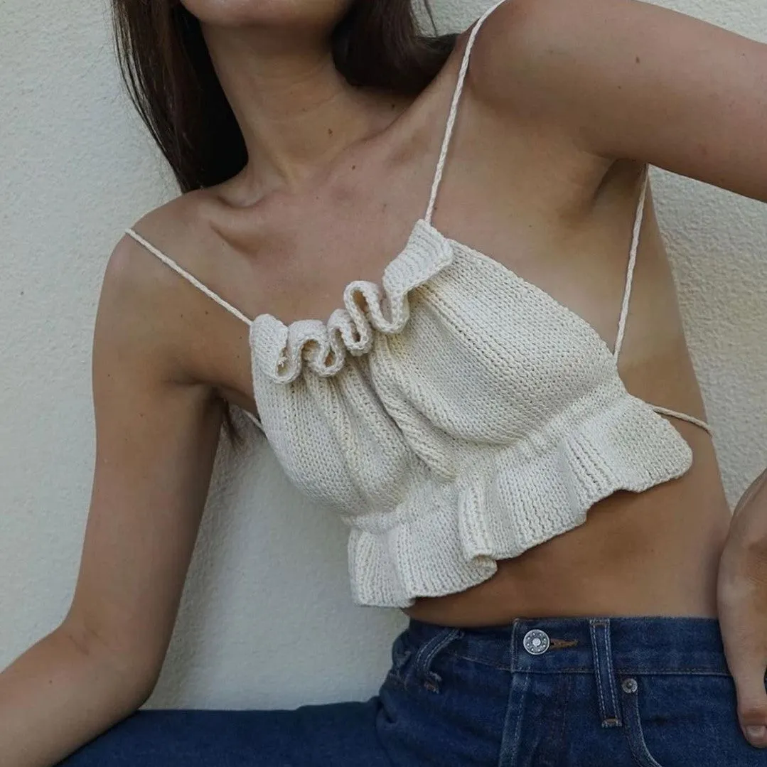 Backless Lace-up Knit Sweaters Ruffle Camis Tank Crop Tops