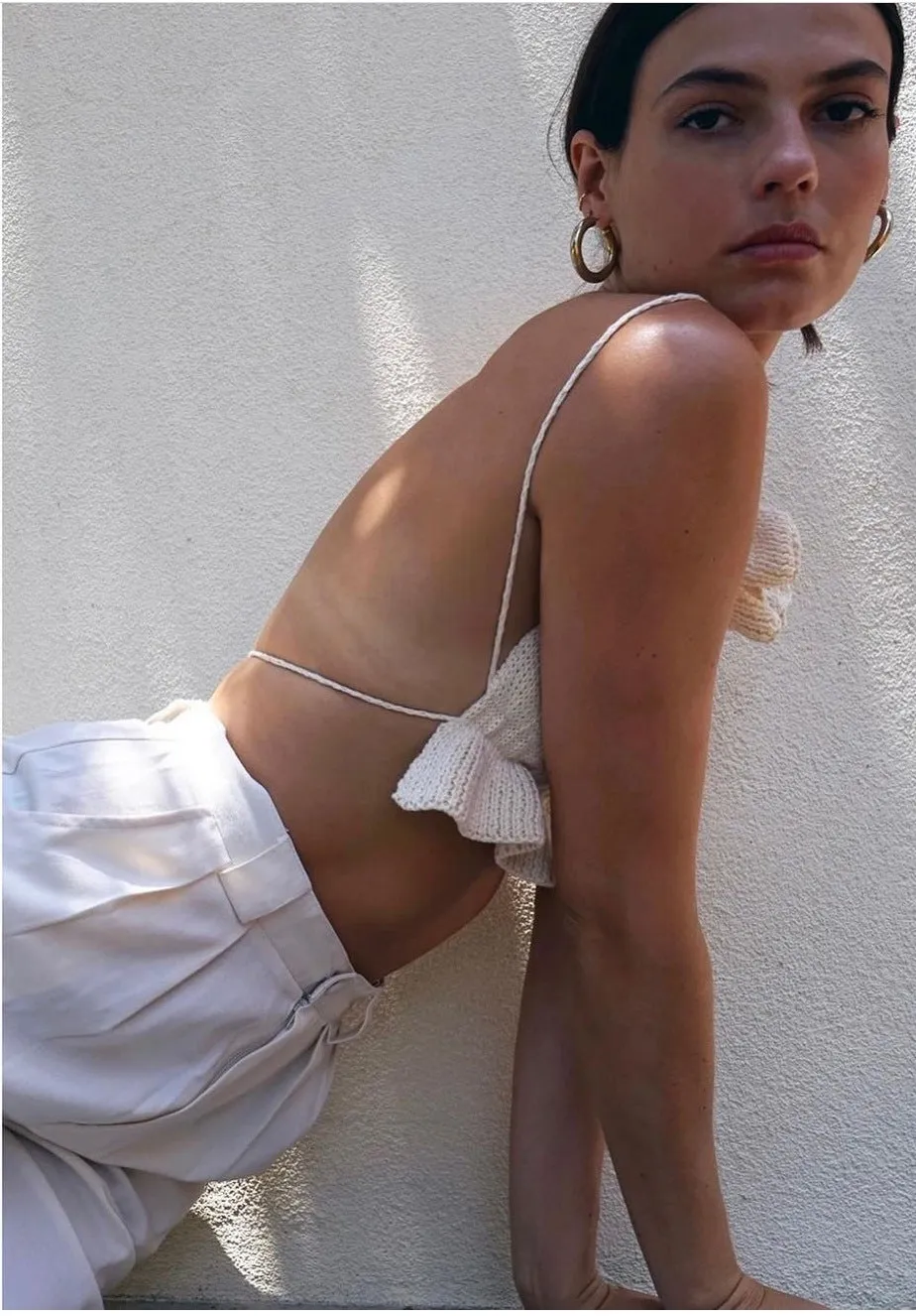 Backless Lace-up Knit Sweaters Ruffle Camis Tank Crop Tops