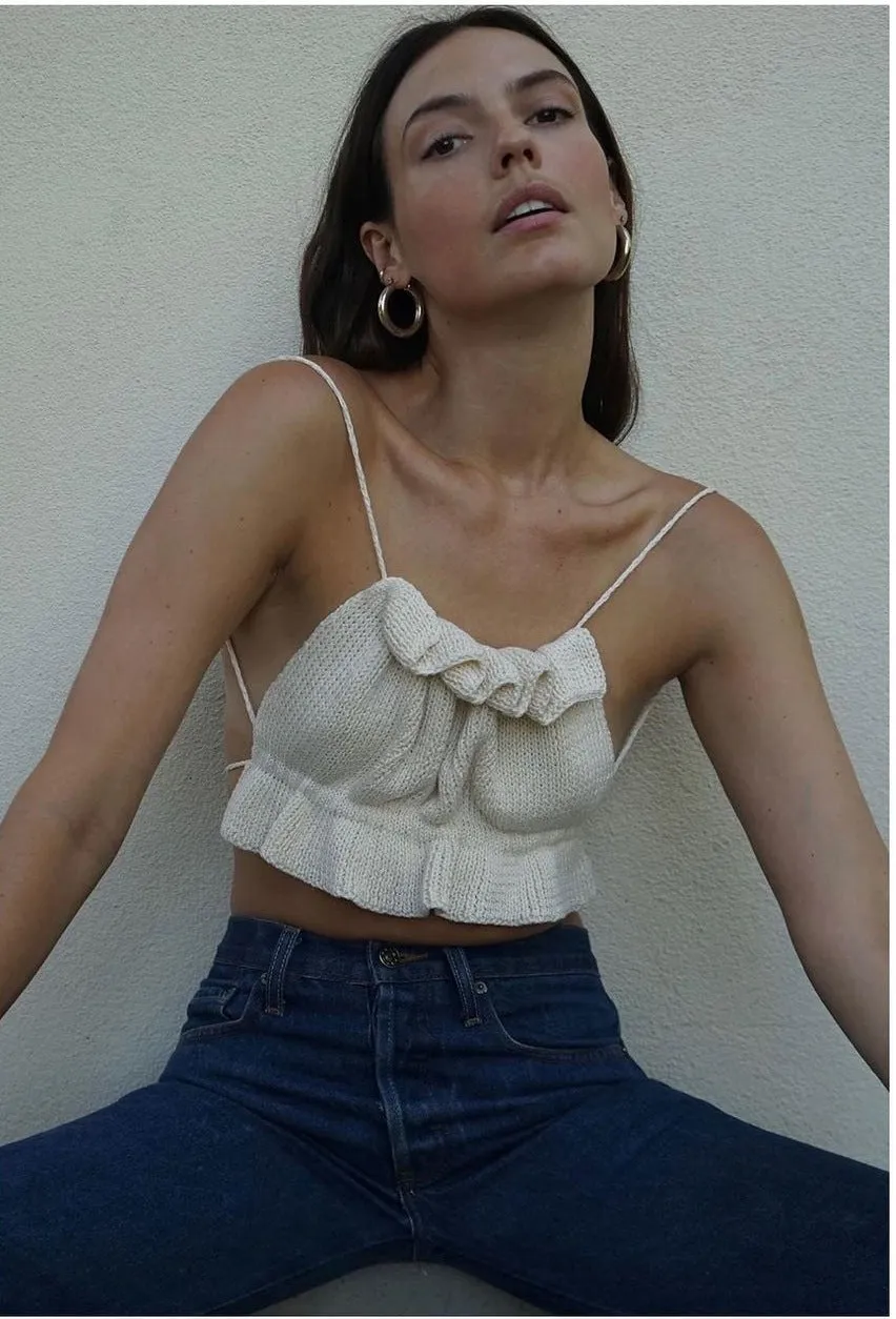 Backless Lace-up Knit Sweaters Ruffle Camis Tank Crop Tops