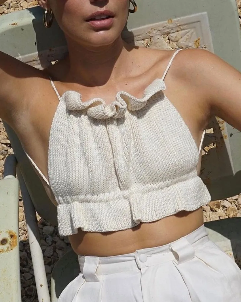 Backless Lace-up Knit Sweaters Ruffle Camis Tank Crop Tops
