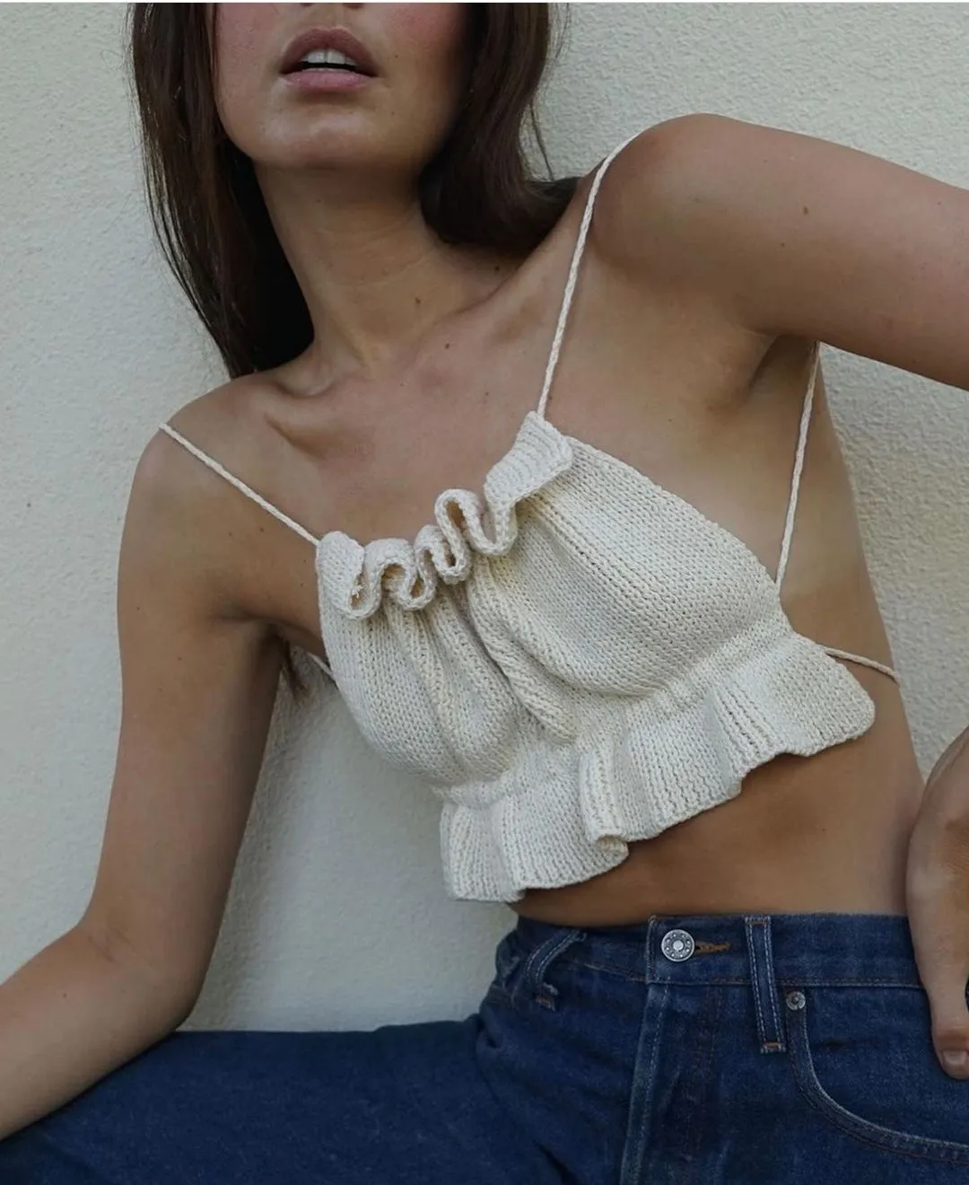 Backless Lace-up Knit Sweaters Ruffle Camis Tank Crop Tops