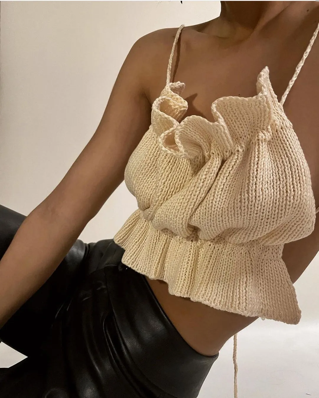 Backless Lace-up Knit Sweaters Ruffle Camis Tank Crop Tops