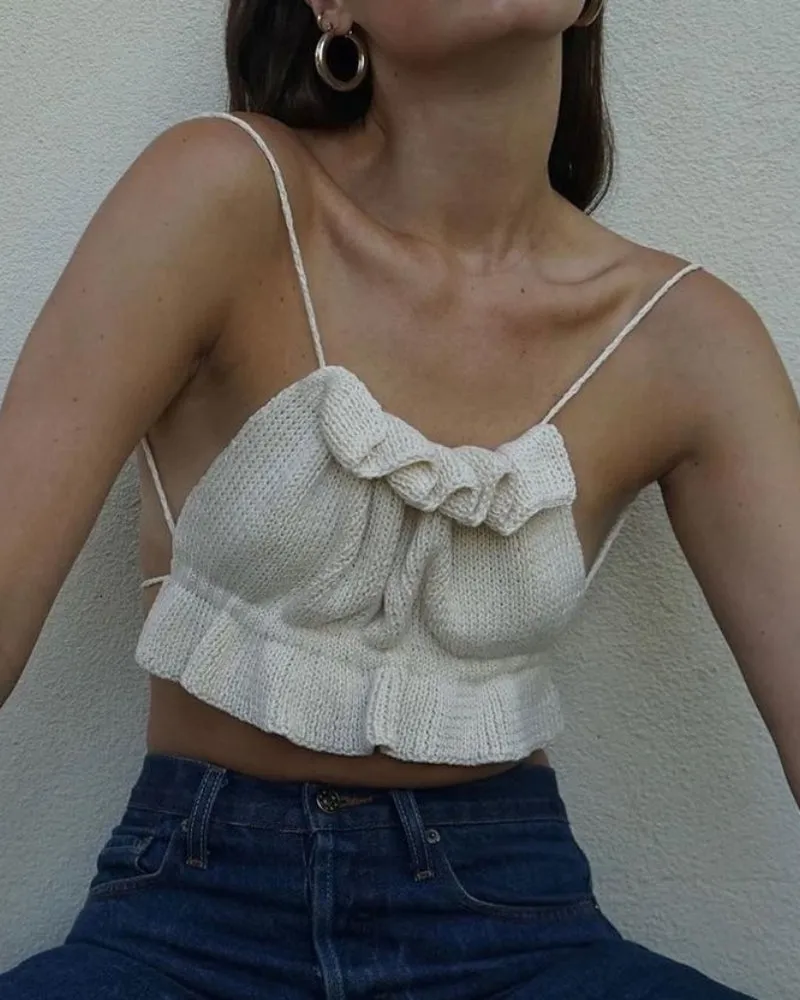 Backless Lace-up Knit Sweaters Ruffle Camis Tank Crop Tops