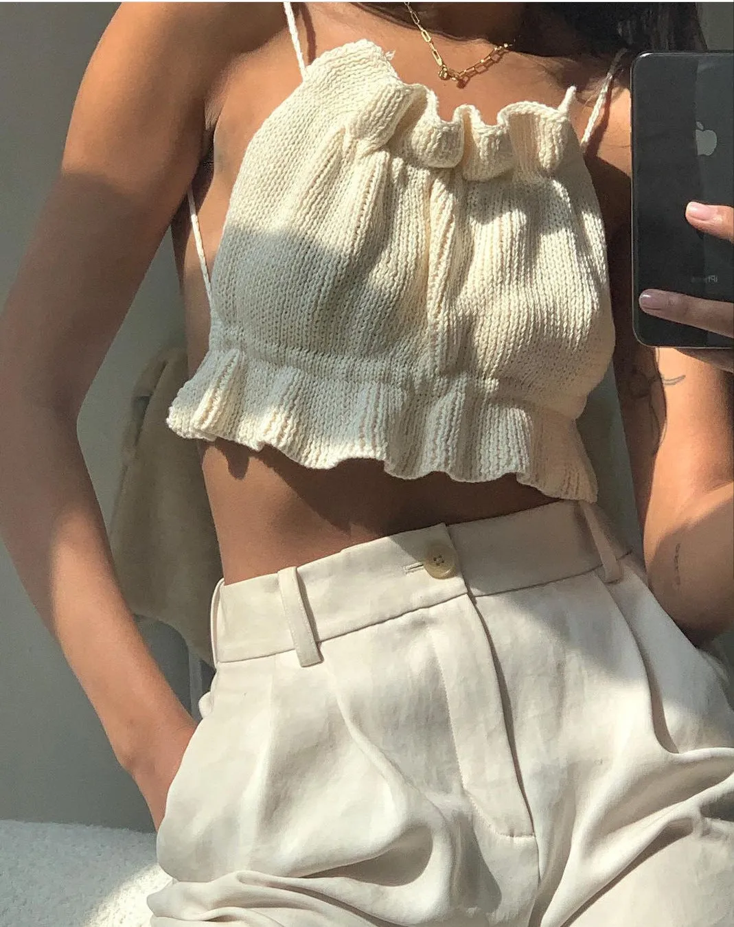 Backless Lace-up Knit Sweaters Ruffle Camis Tank Crop Tops
