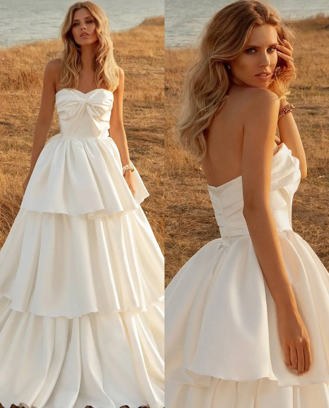 Backless Satin Bride Dresses with Layers Skirt