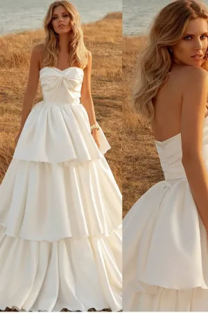 Backless Satin Bride Dresses with Layers Skirt
