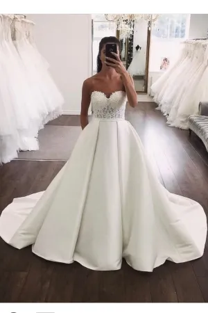 Backless Satin Chapel Train Wedding Dresses with Lace Corset