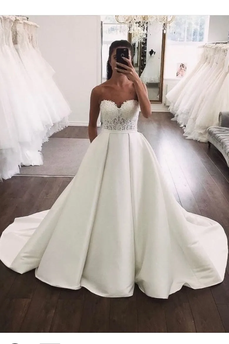 Backless Satin Chapel Train Wedding Dresses with Lace Corset