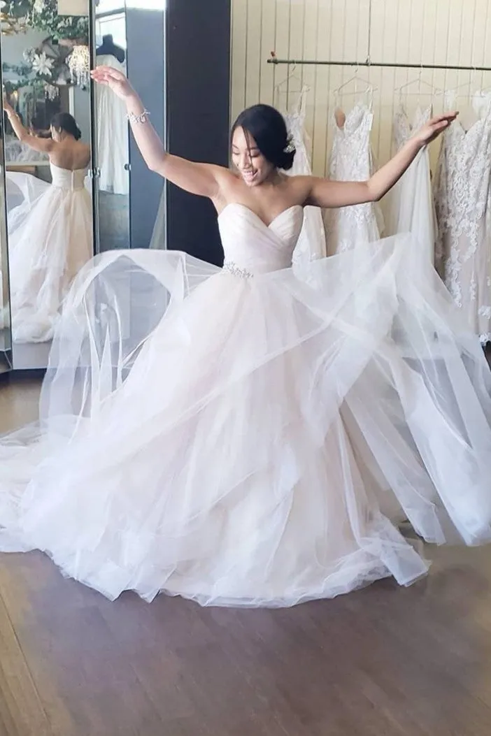Backless Tulle 2020 Bridal Gowns with Beaded Belt