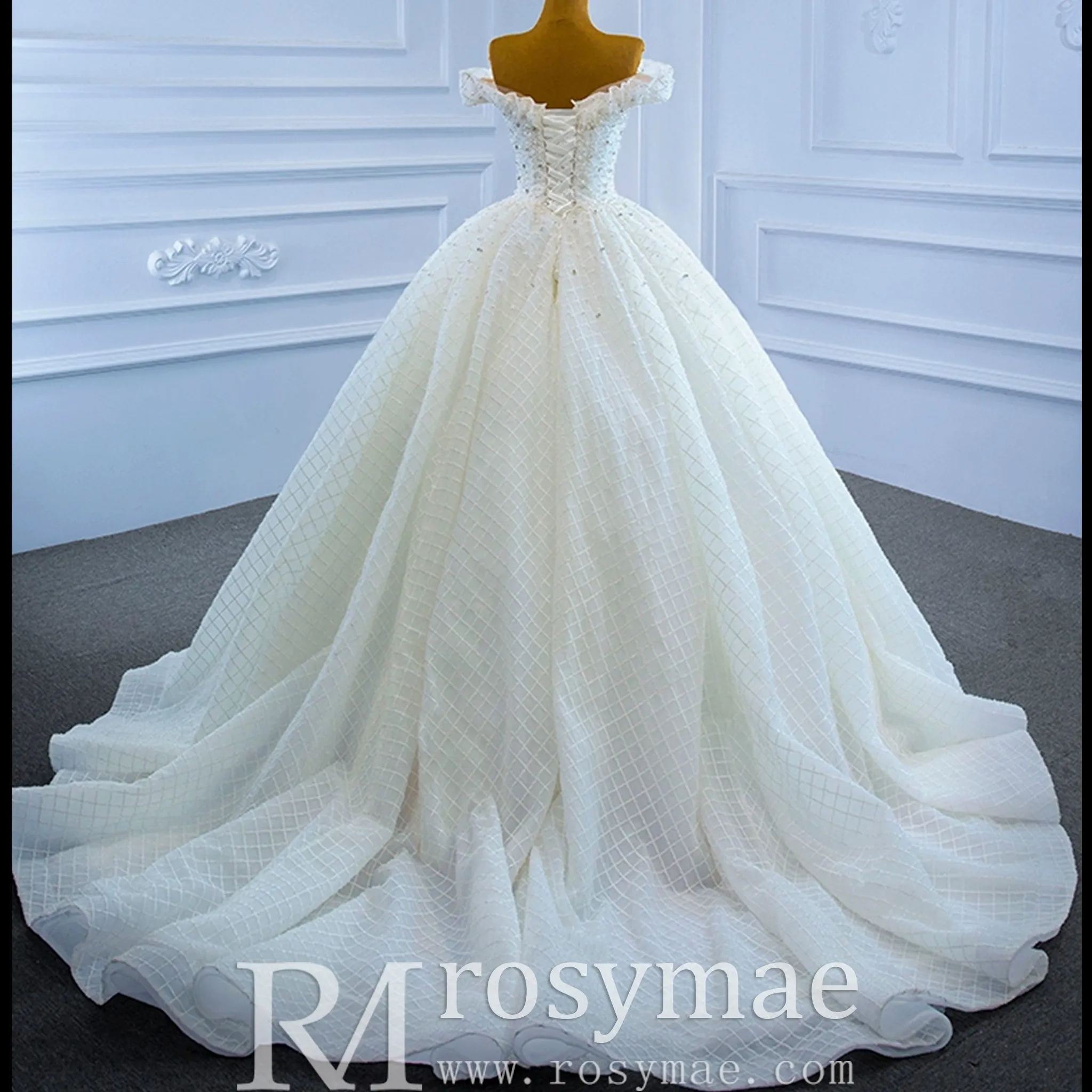 Ball Gown Off the Shoulder Wedding Gown Beaded Pearl Wedding Dress