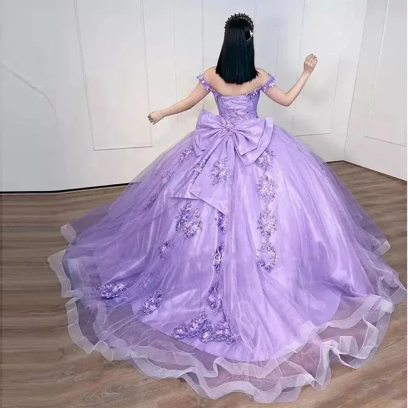 Ball Gown Quinceanera Dresses Big Bow 3D Flower Appliques Cinderella 16 Princess Gowns Vestidos De 15 Anos
