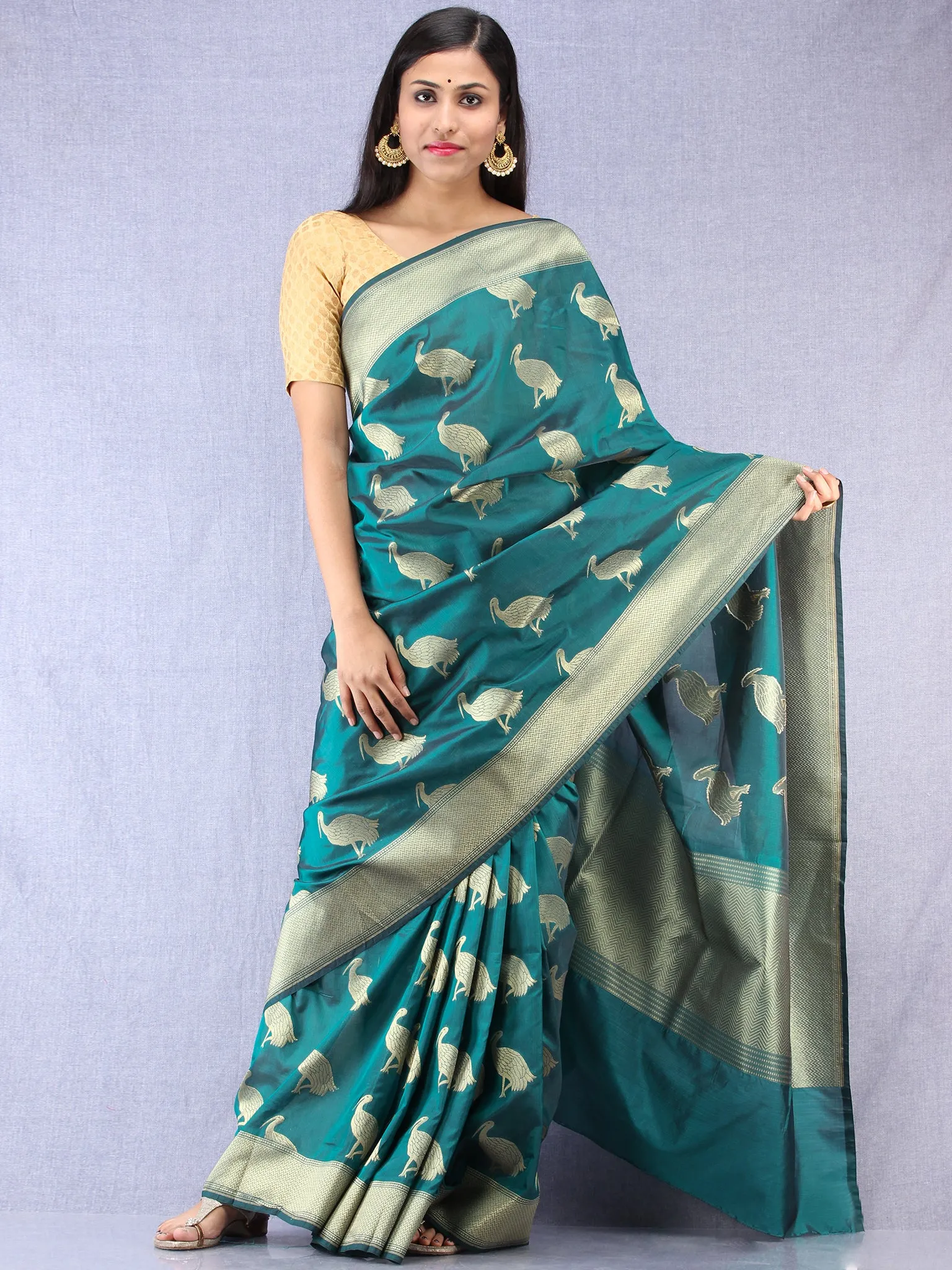 Banarasee Art Silk Saree With Bird Motif - Green & Gold - S031704331