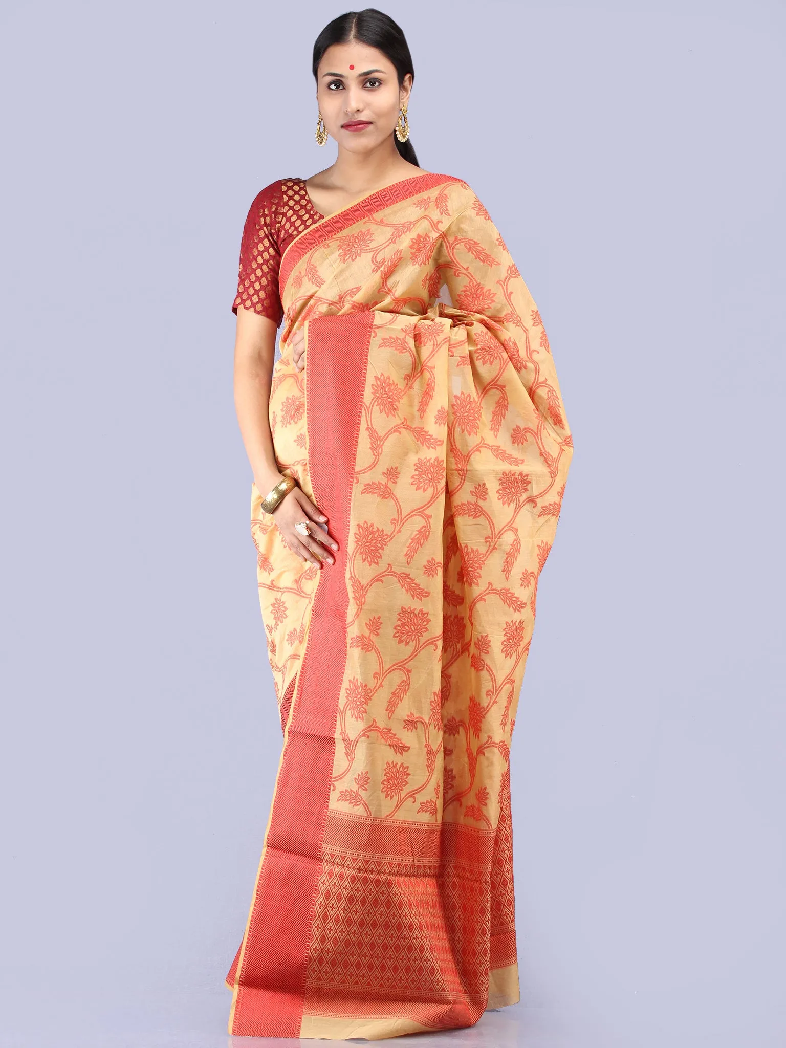 Banarasee Chanderi Saree With Resham Border & Butta - Beige & Red - S031704298