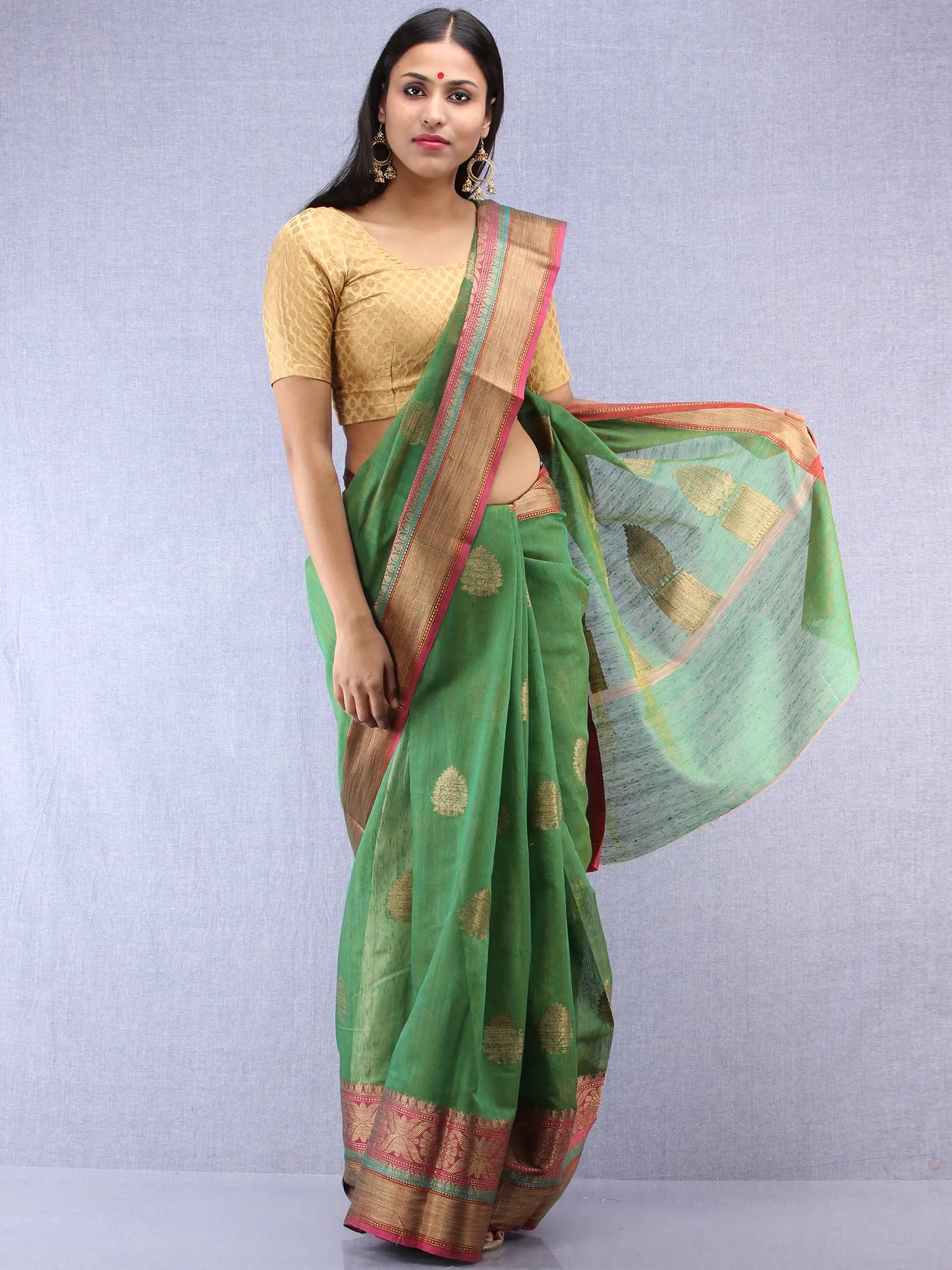 Banarasee Cotton Silk Saree With Zari Work - Green & Pink - S031704404