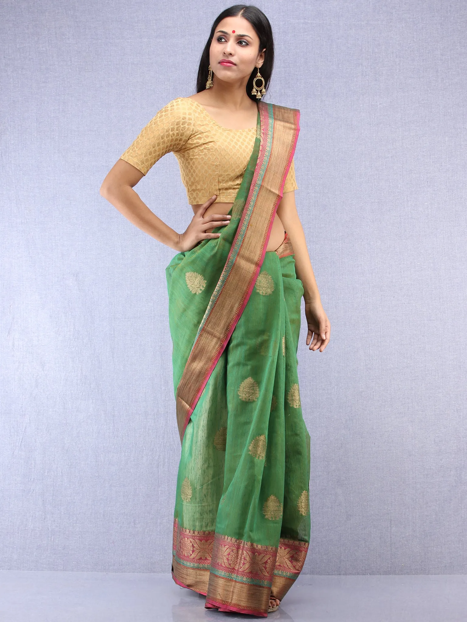 Banarasee Cotton Silk Saree With Zari Work - Green & Pink - S031704404