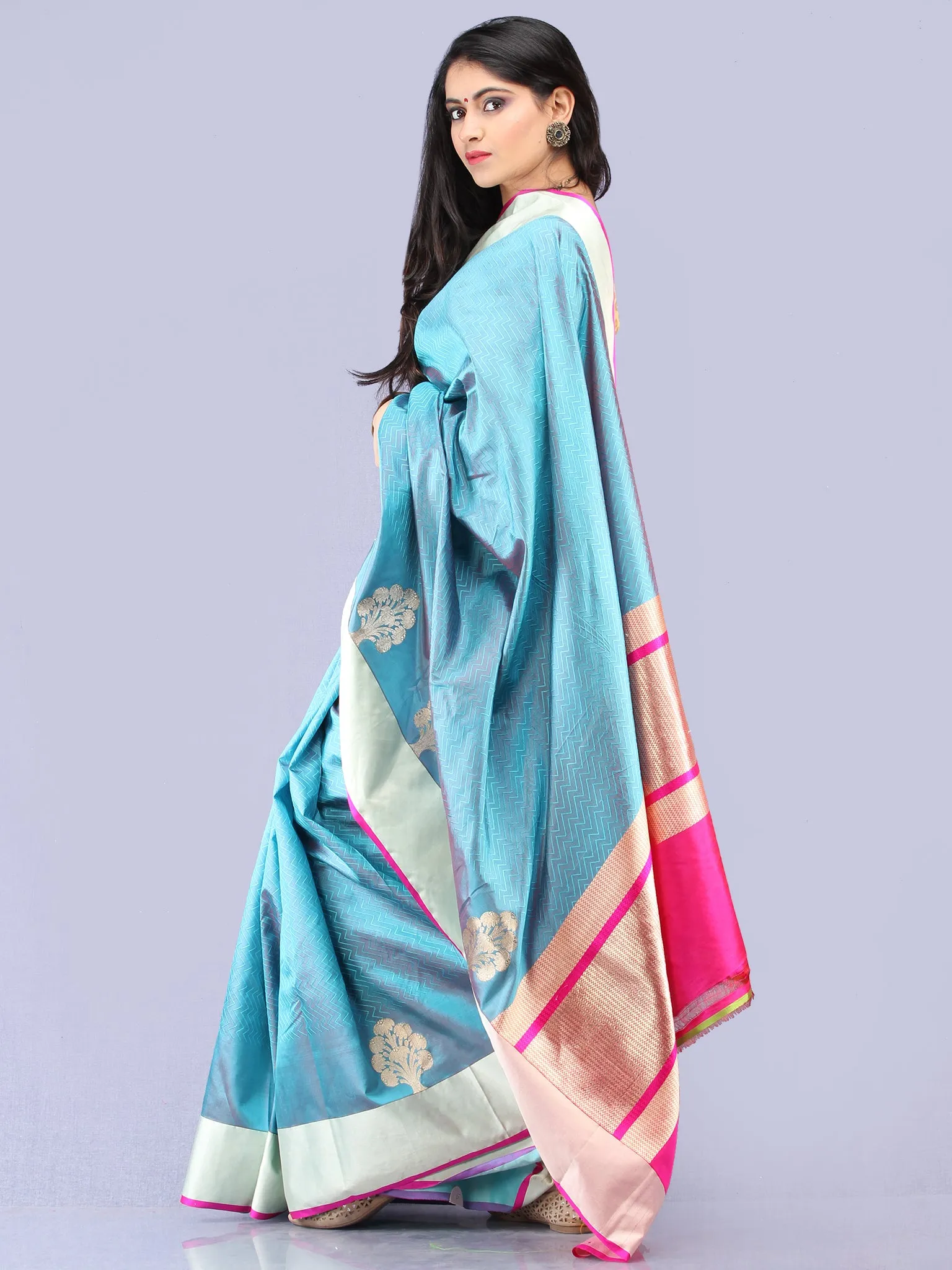 Banarasee Pure Katan Silk Handloom Saree With Zari Work - Turquoise Blue & Silver - S031704305