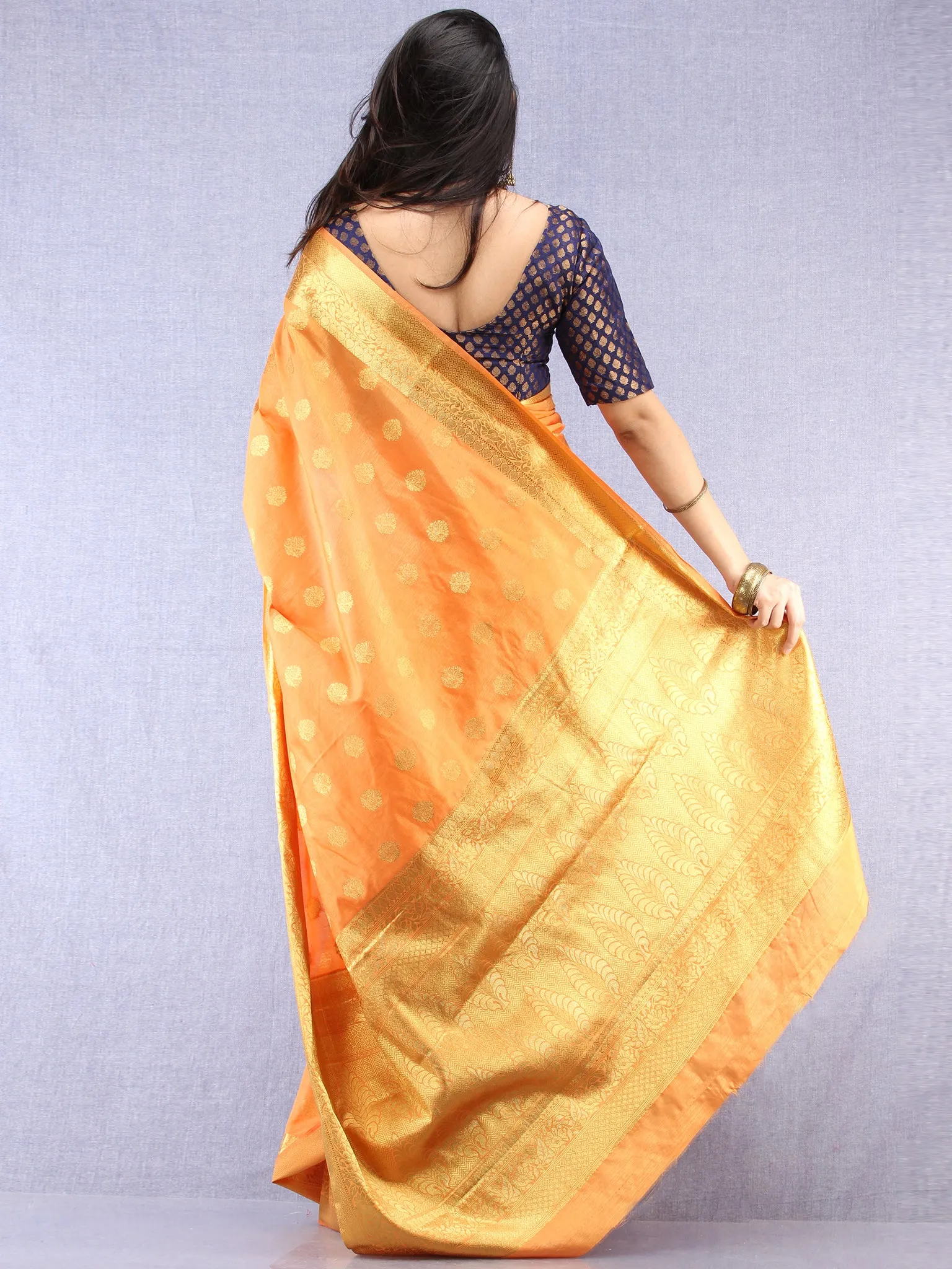 Banarasee Semi Silk Saree With  Golden Zari Work -  Light Orange Golden  - S031704394