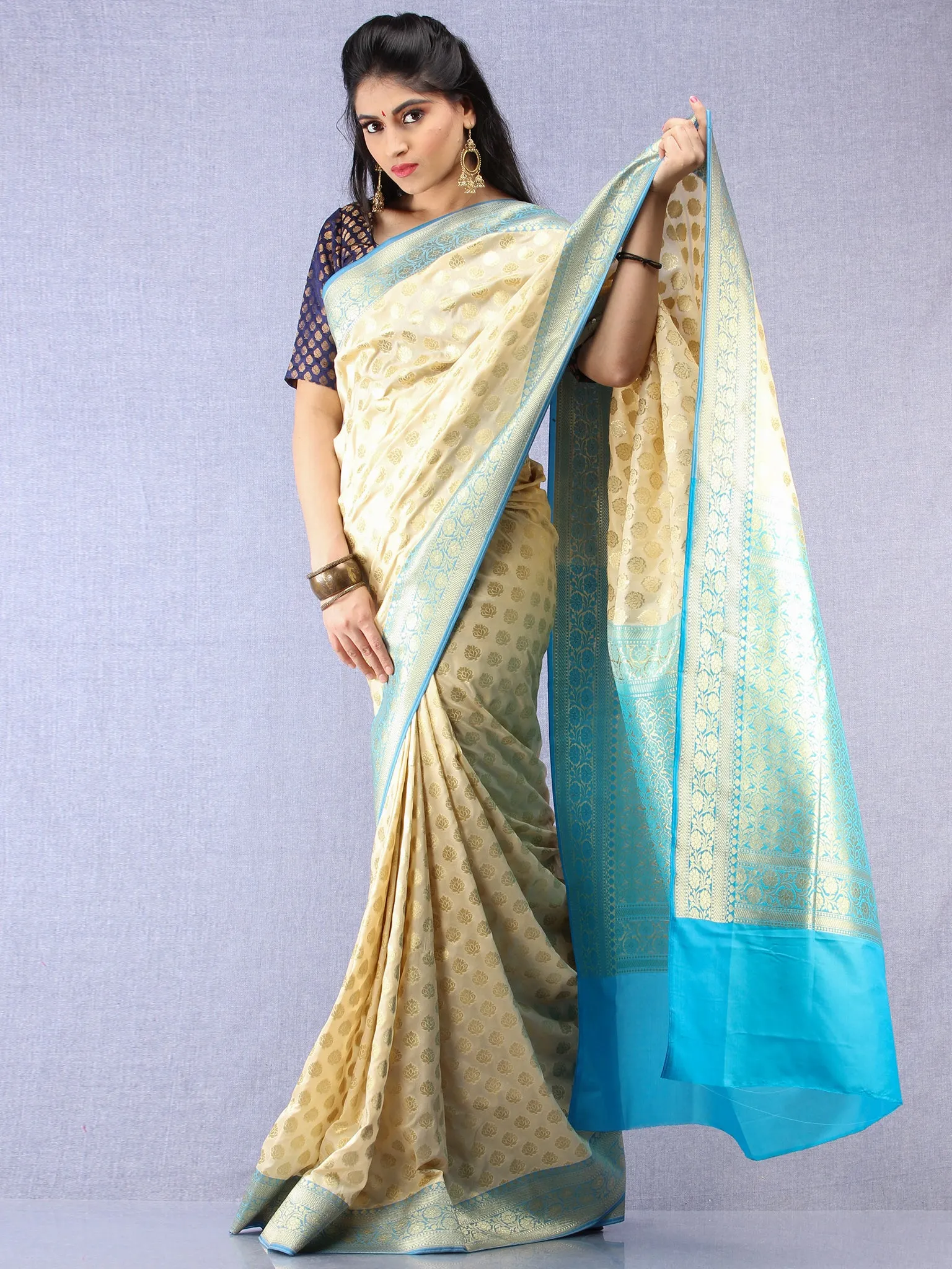 Banarasee Semi Silk Saree With Zari Border - Off White Blue & Gold - S031704350