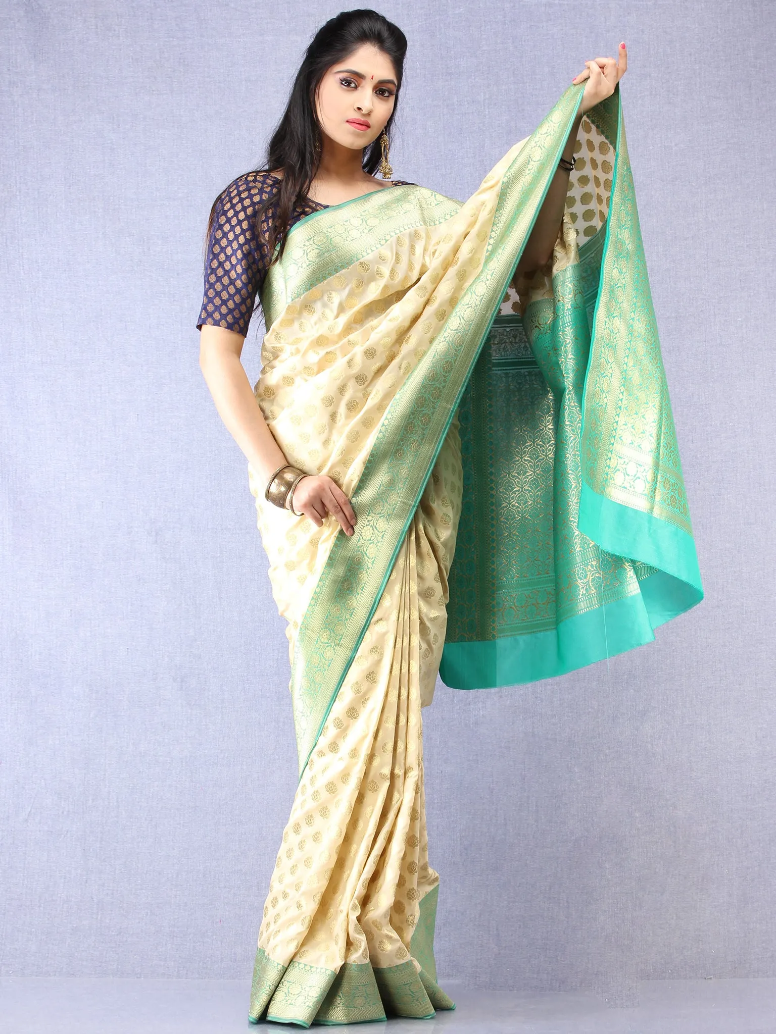 Banarasee Semi Silk Saree With Zari Border - Off White Green & Gold - S031704348