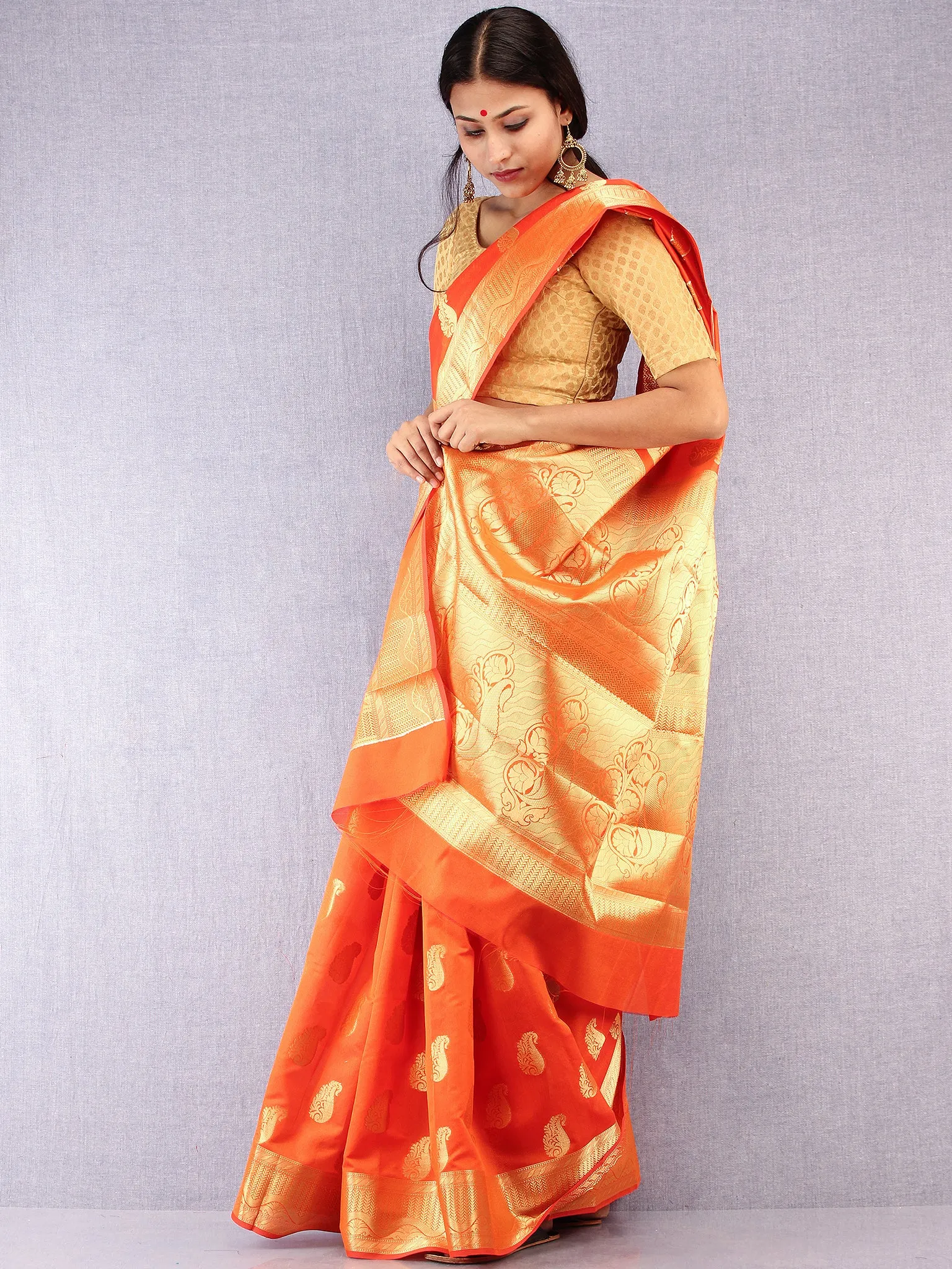 Banarasee Semi Silk Saree With Zari Work - Orange & Gold  - S031704371