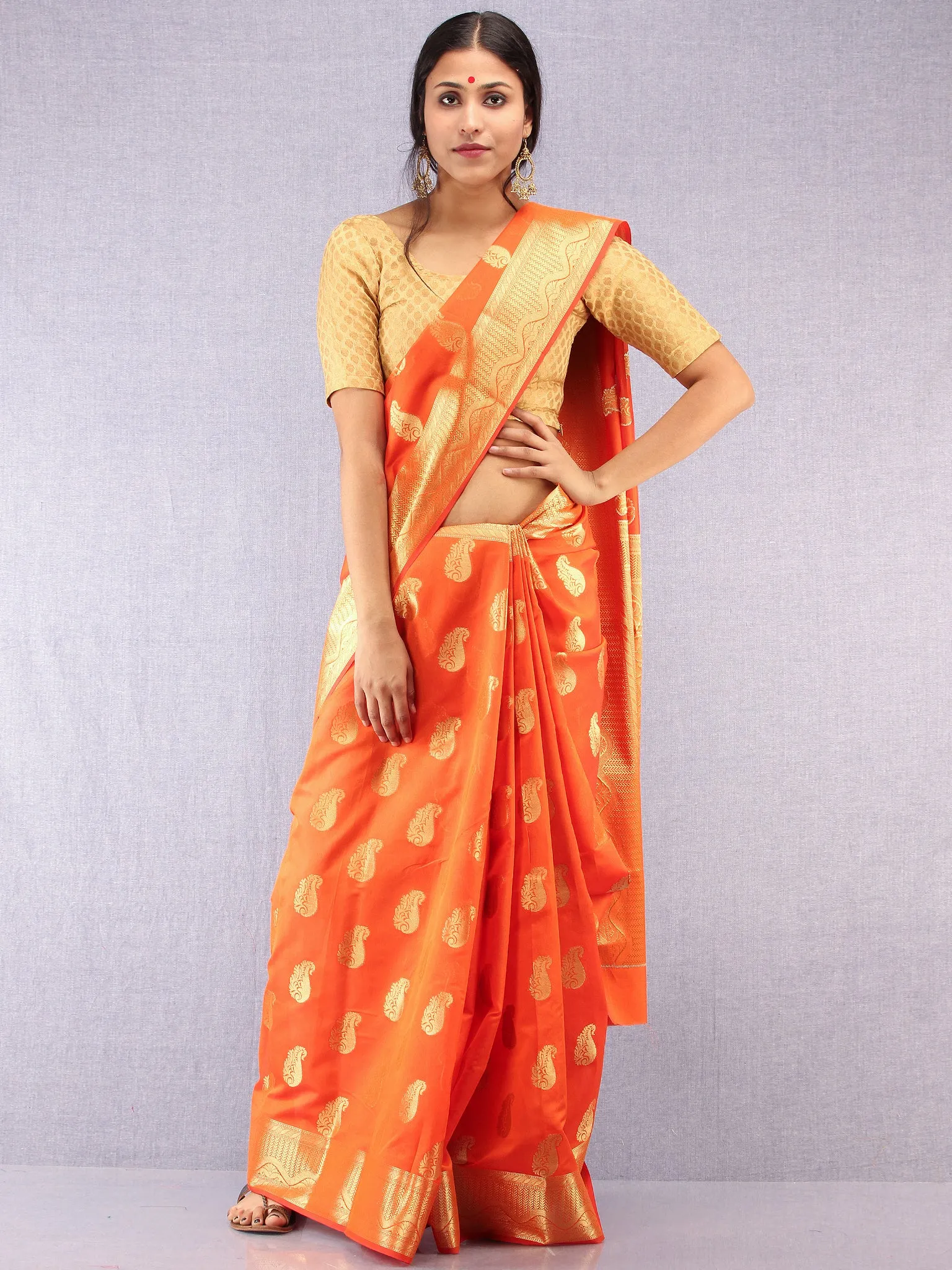 Banarasee Semi Silk Saree With Zari Work - Orange & Gold  - S031704371