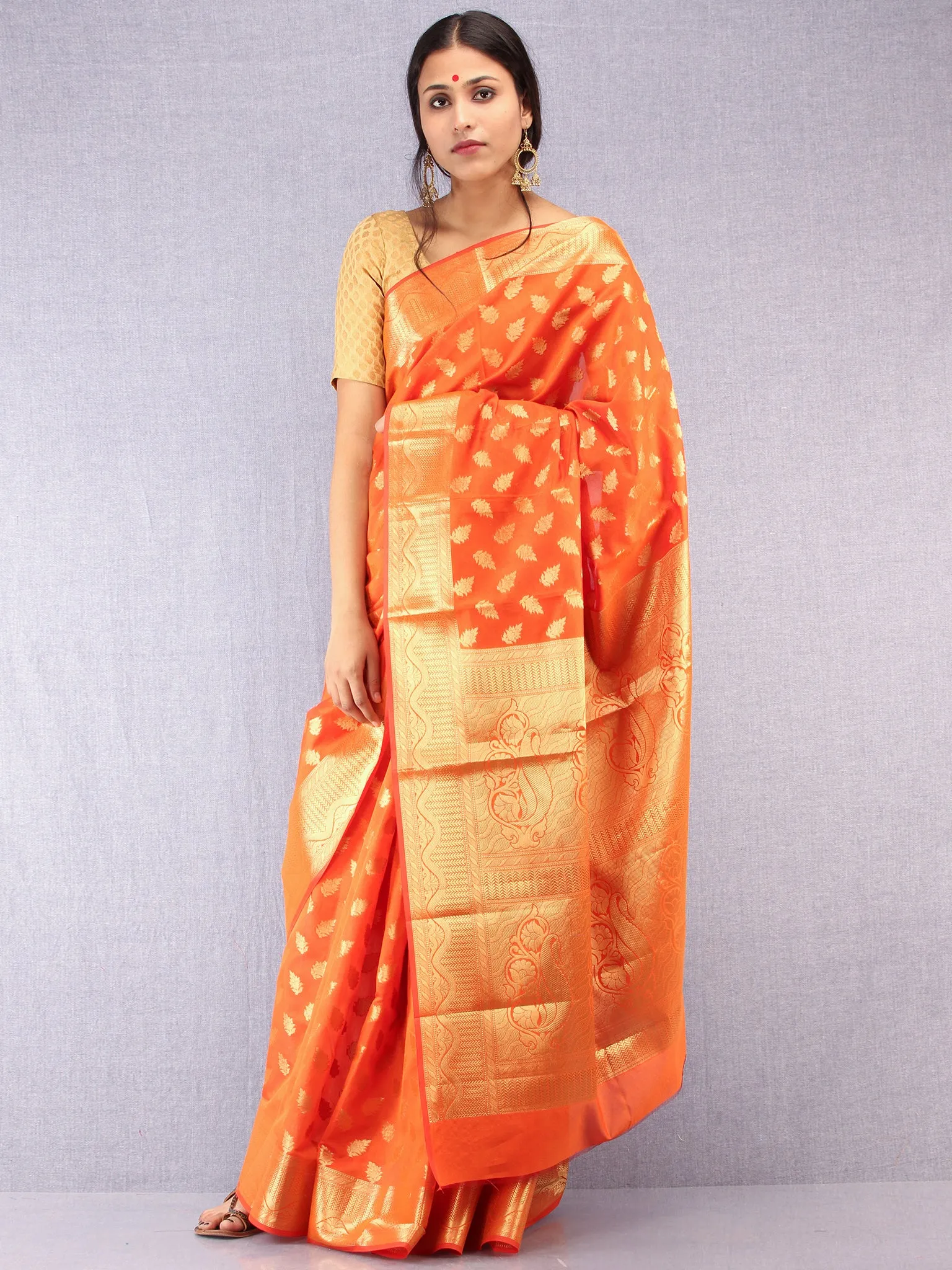Banarasee Semi Silk Saree With Zari Work - Orange & Gold - S031704372