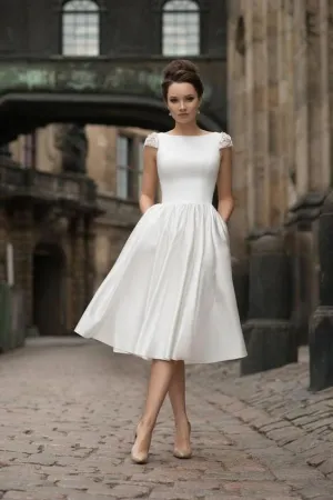 Beaded Capped Sleeves Tea-length Bridal Gown with Pockets