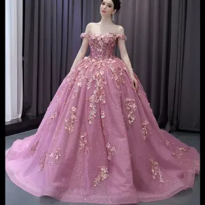 Beaded Floral Wedding Dress with Off the Shoulder Quinceanera Gown