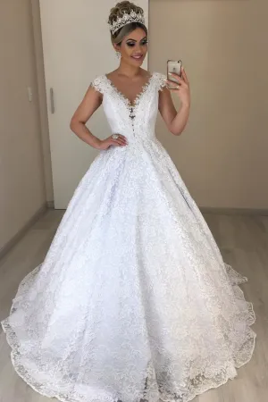 Beaded V-neckline Brazilian Lace Bridal Dresses 2020