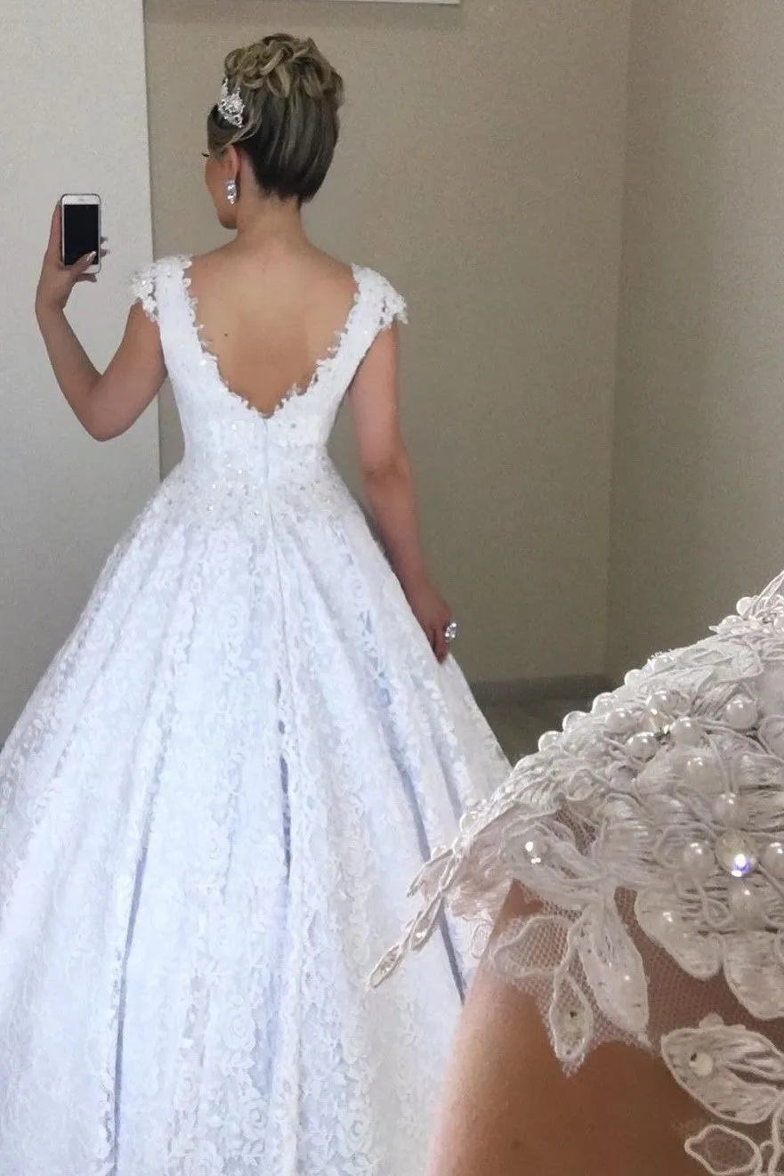 Beaded V-neckline Brazilian Lace Bridal Dresses 2020