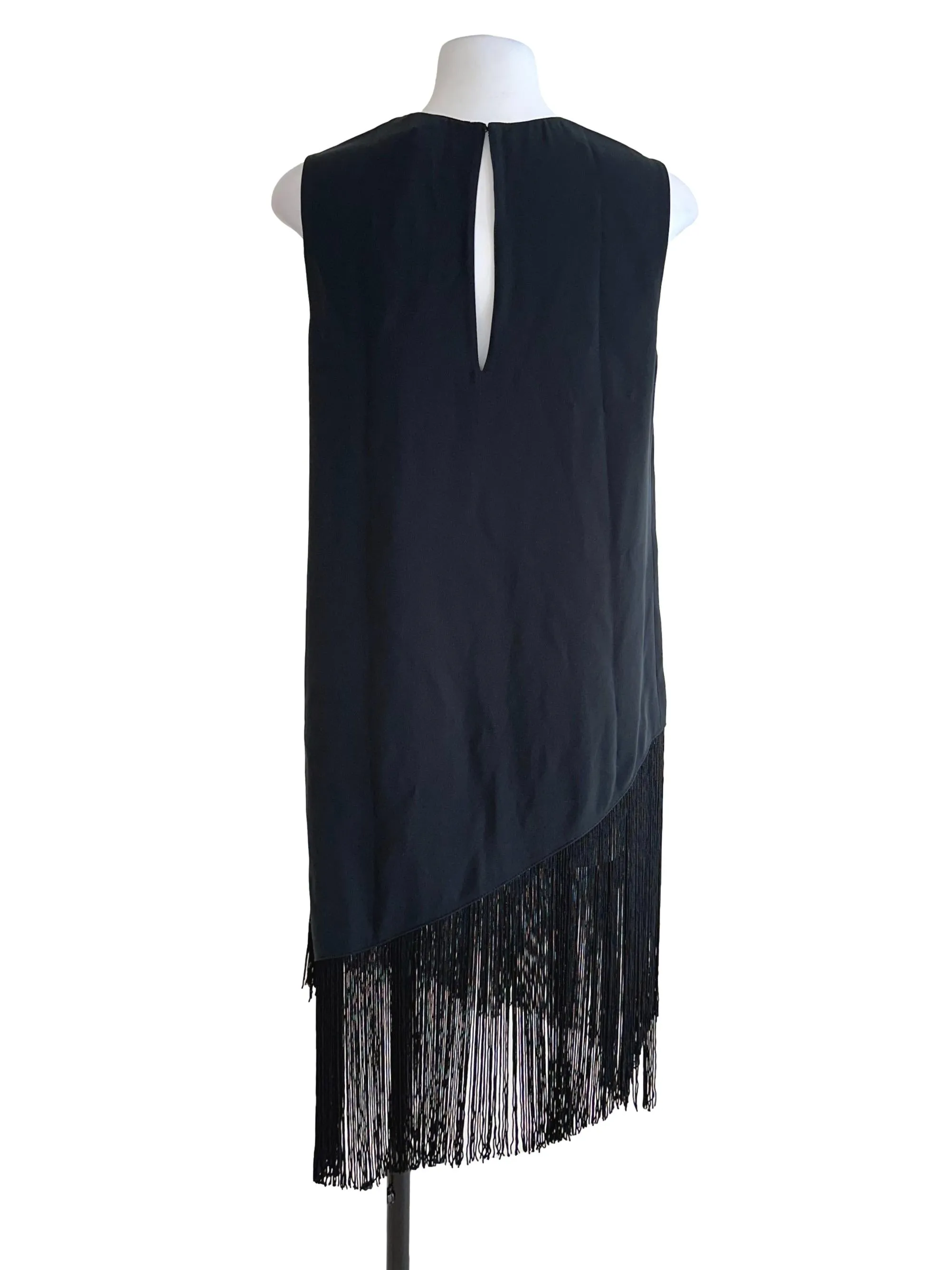 Black Asymmetrical Hem Sleeveless Fringe Trim Tank Top