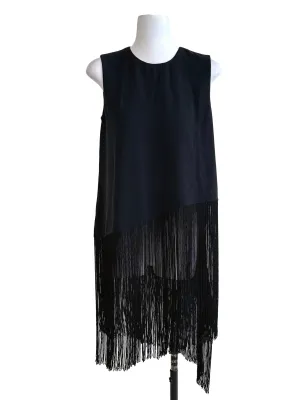 Black Asymmetrical Hem Sleeveless Fringe Trim Tank Top