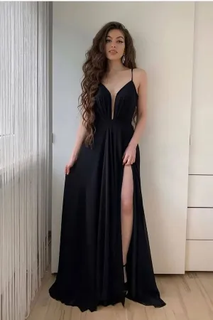 Black Chiffon A-line Prom Dresses with Plunging Neckline