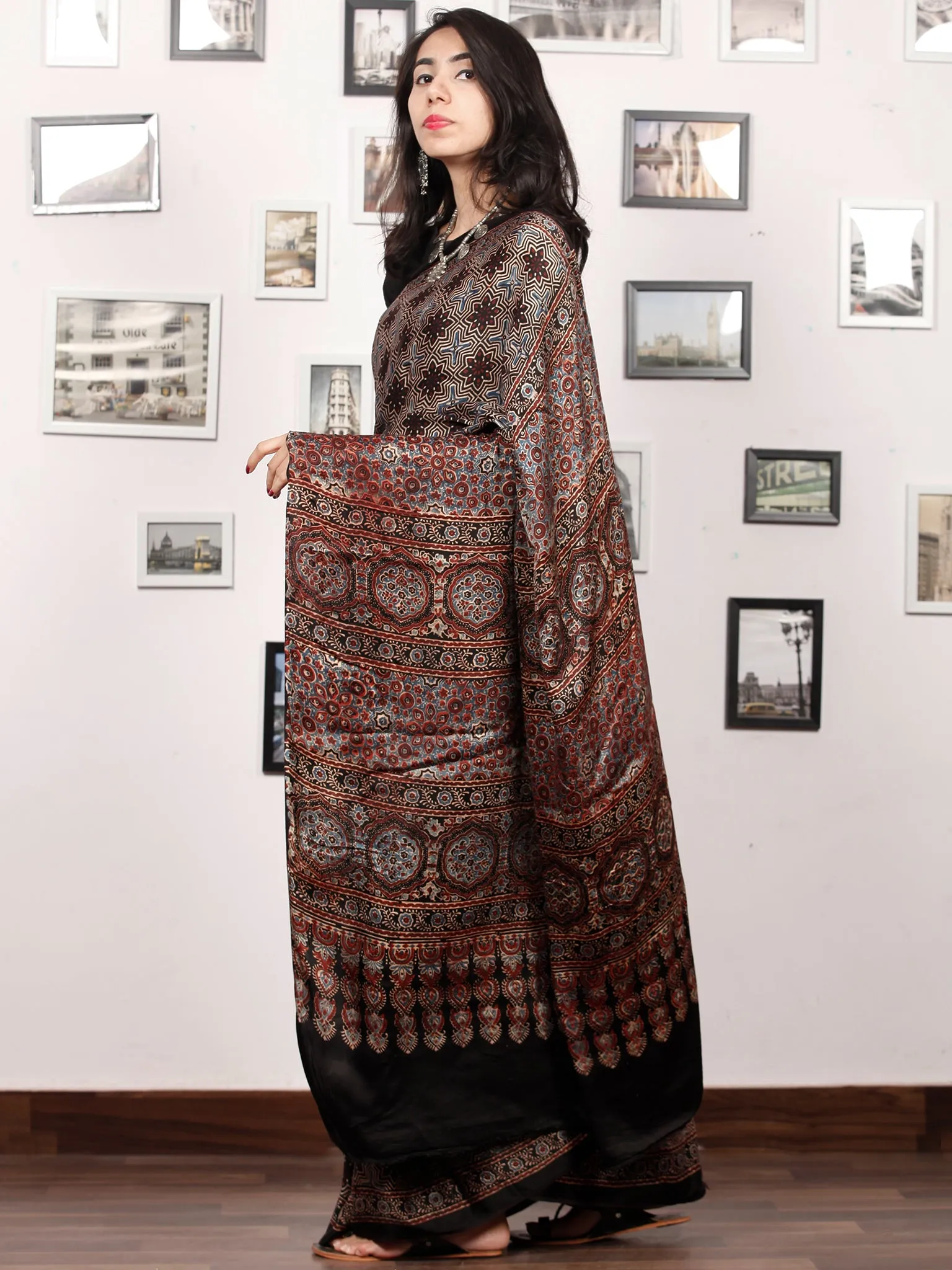 Black Maroon Grey Indigo Ajrakh Hand Block Printed Modal Silk Saree in Natural Colors - S031703377