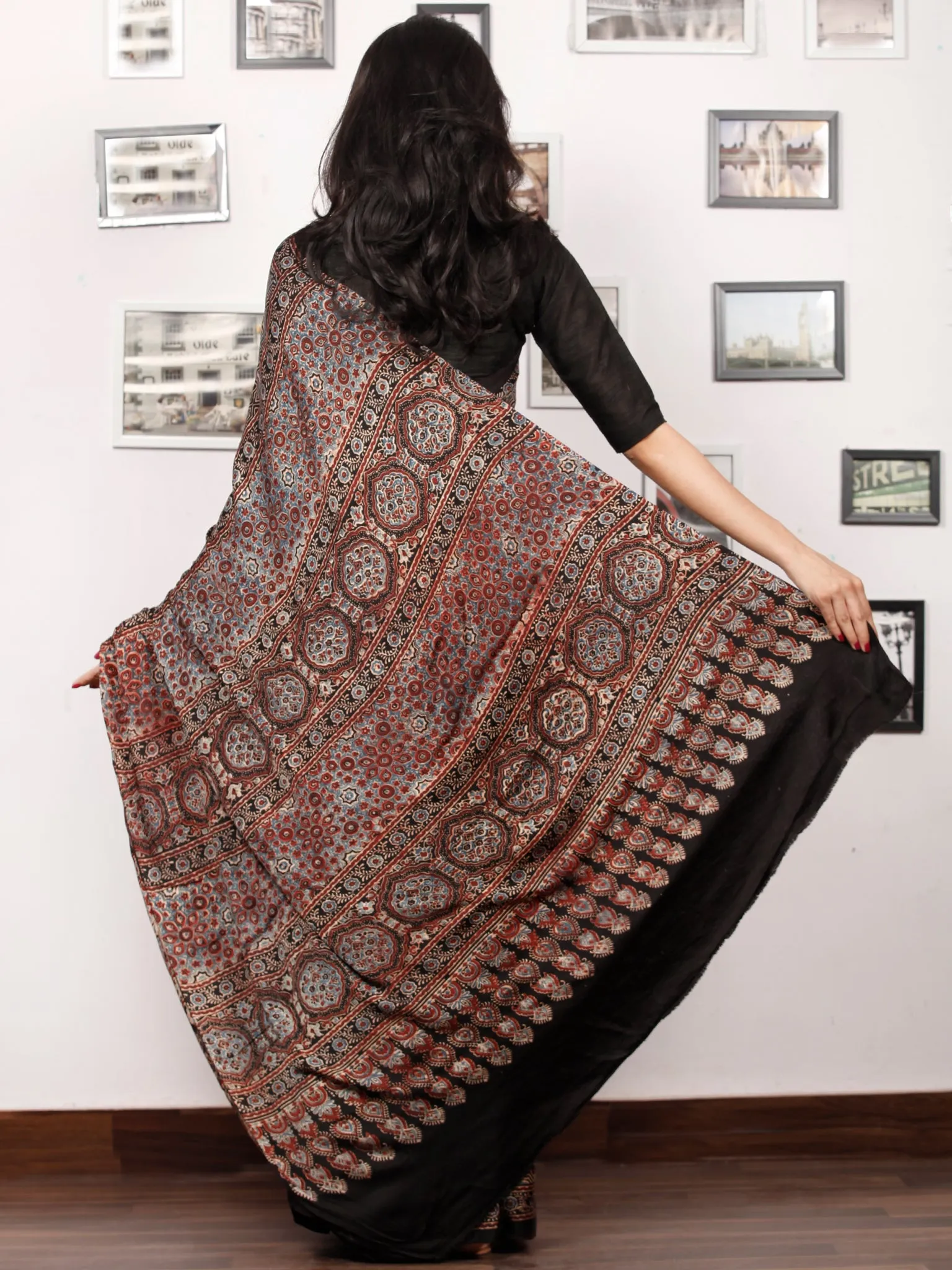 Black Maroon Grey Indigo Ajrakh Hand Block Printed Modal Silk Saree in Natural Colors - S031703377