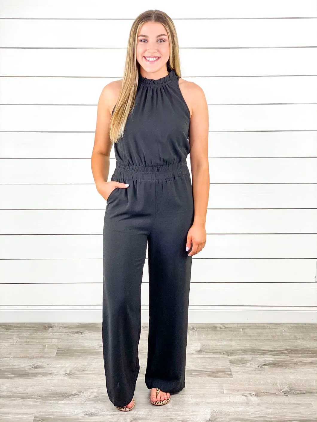 Black Mock Neck Halter Jumpsuit - Restocked!!!