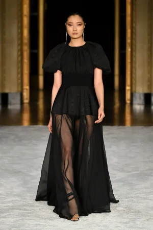 Black Moire and Chiffon Combo A-Line Gown