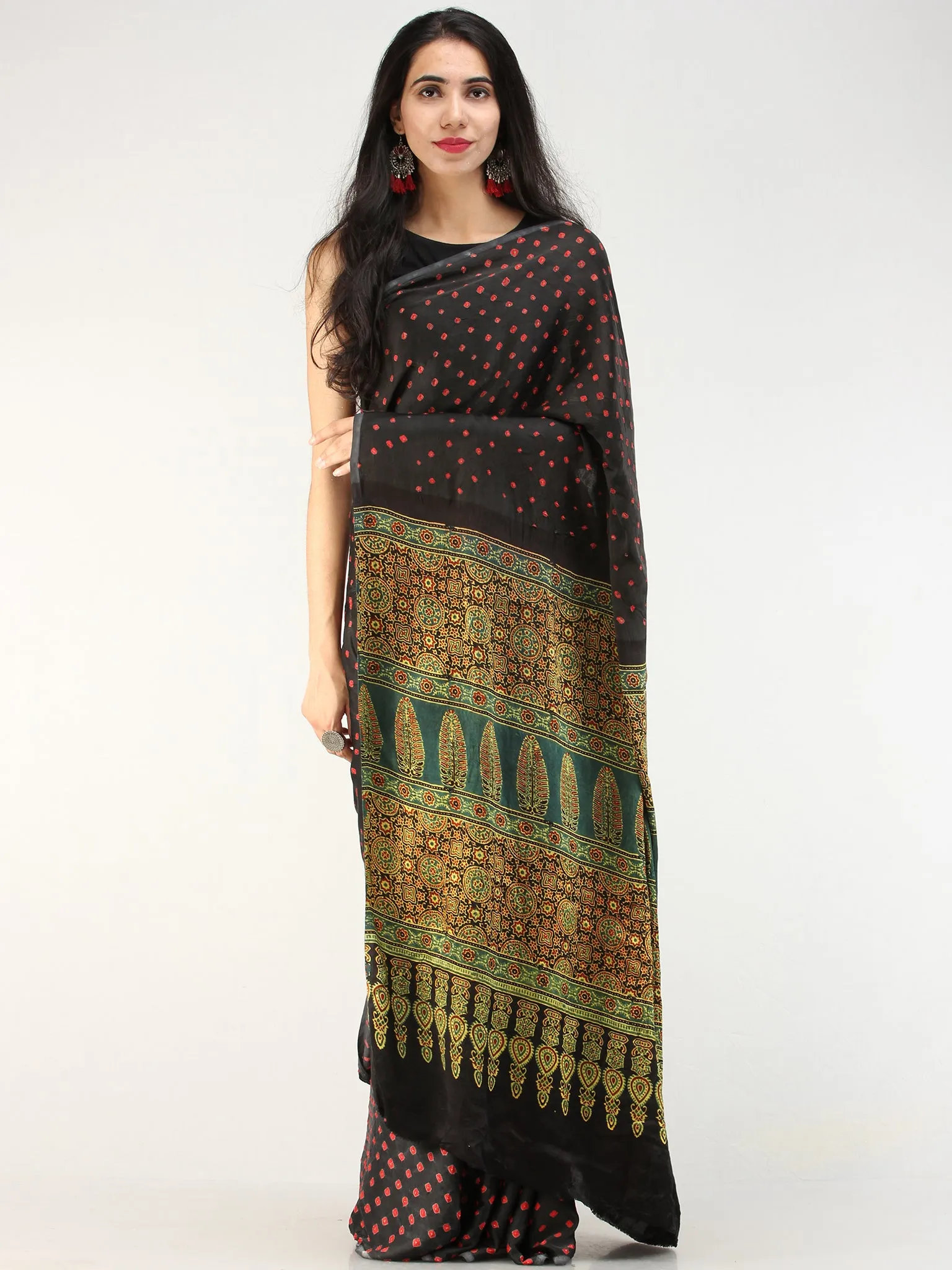 Black Red Green Bandhej Modal Silk Saree With Ajrakh Printed Pallu & Blouse - s031704548