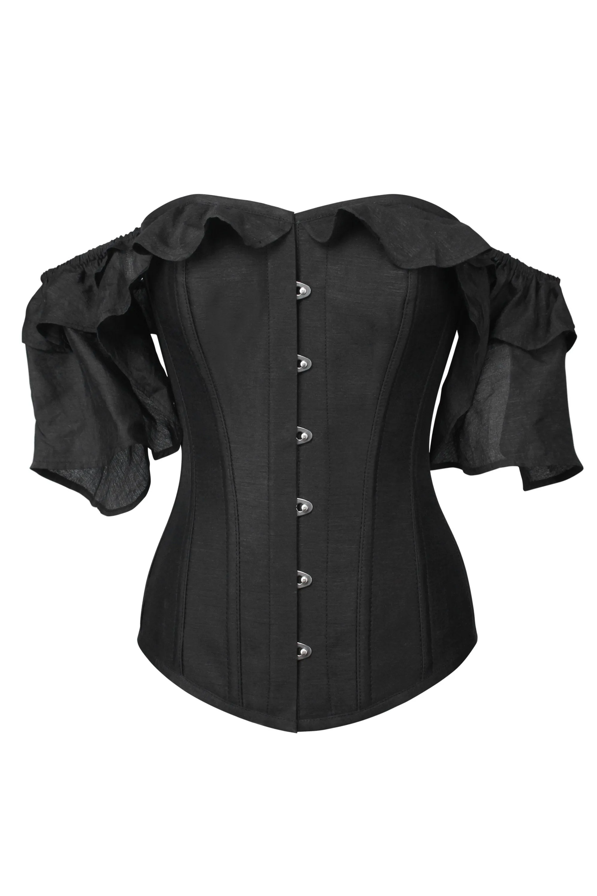 Black Satin Corset Top With Waterfall Sleeves