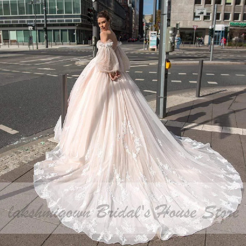 Blush Pink Princess Wedding Gowns with Sleeves