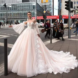 Blush Pink Princess Wedding Gowns with Sleeves