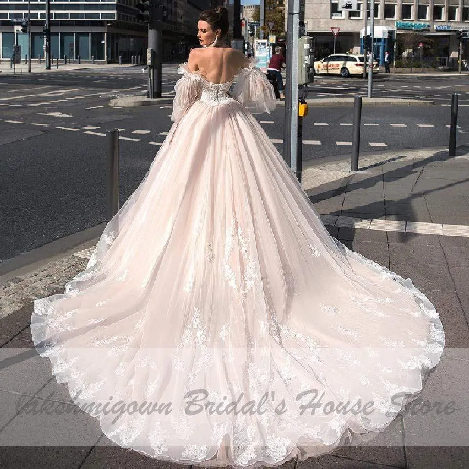 Blush Pink Princess Wedding Gowns with Sleeves